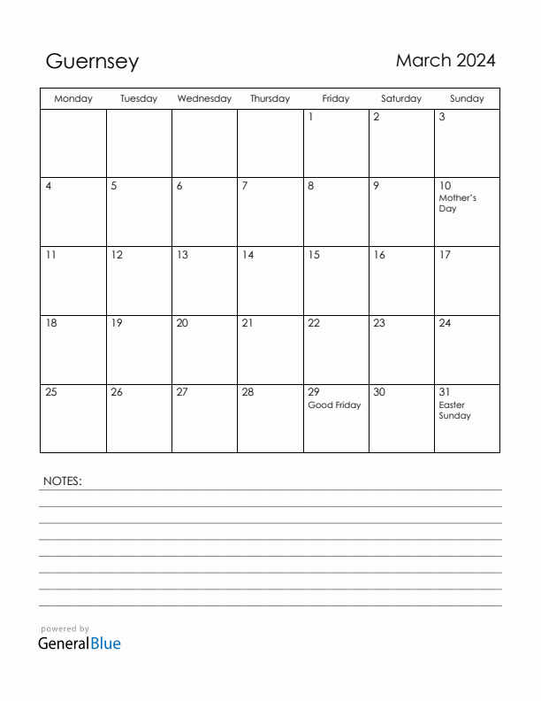 March 2024 Guernsey Calendar with Holidays (Monday Start)