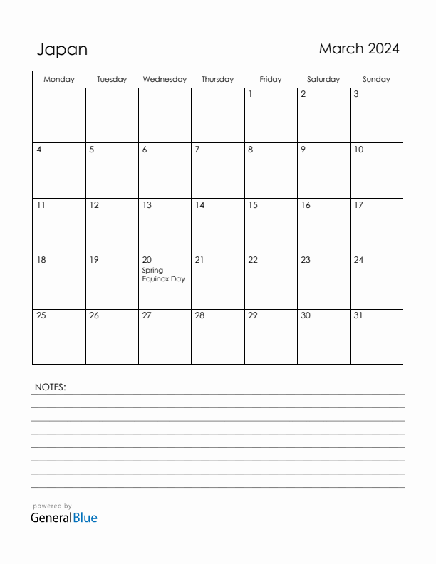 March 2024 Japan Calendar with Holidays (Monday Start)