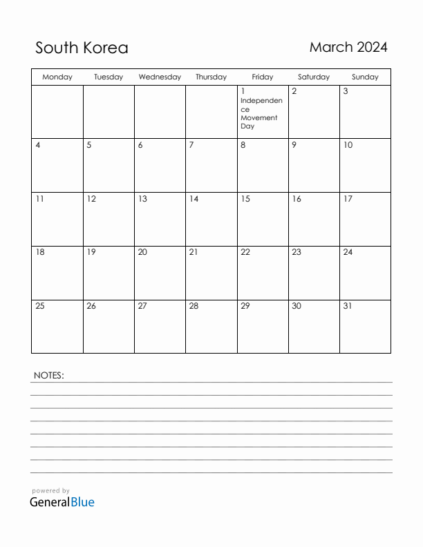 March 2024 South Korea Calendar with Holidays (Monday Start)