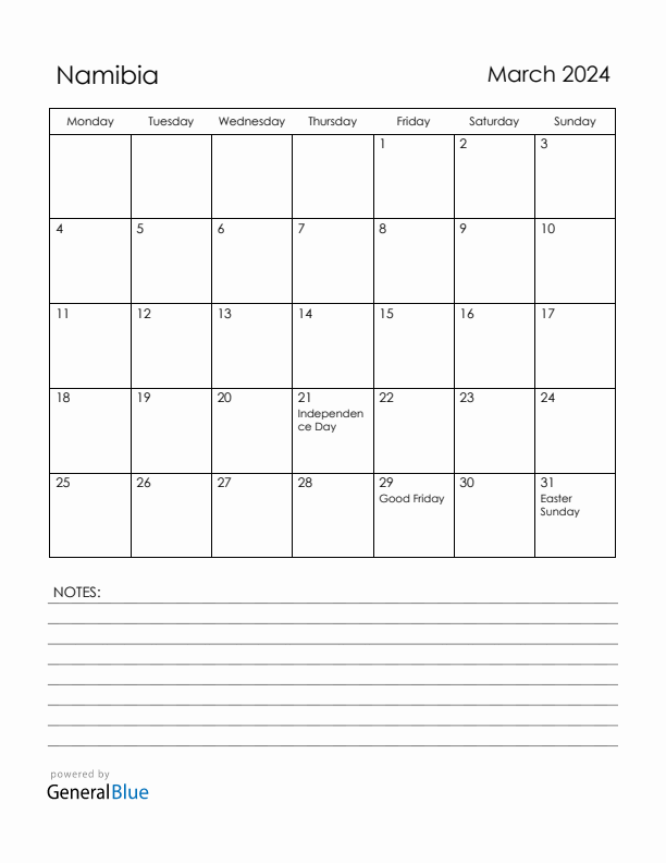 March 2024 Namibia Calendar with Holidays (Monday Start)