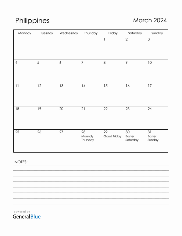 March 2024 Philippines Calendar with Holidays (Monday Start)