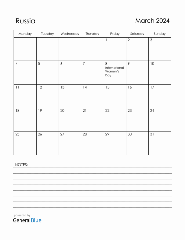March 2024 Russia Calendar with Holidays (Monday Start)