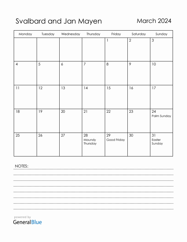 March 2024 Svalbard and Jan Mayen Calendar with Holidays (Monday Start)