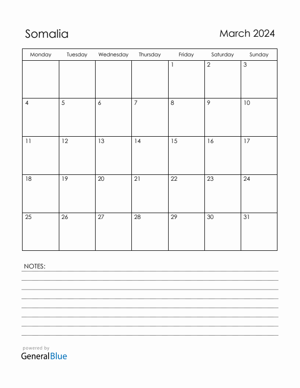 March 2024 Somalia Calendar with Holidays (Monday Start)