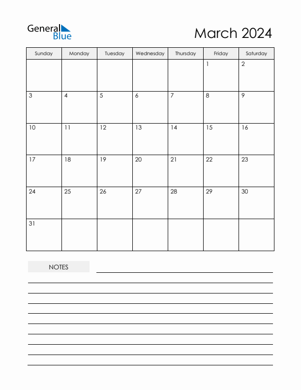 Printable Calendar with Notes - March 2024 