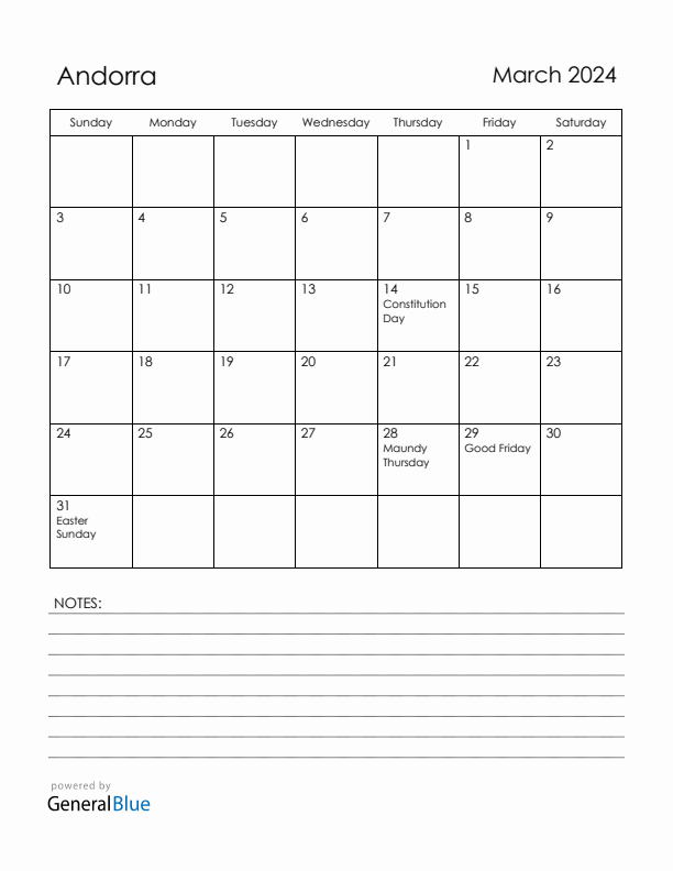 March 2024 Andorra Calendar with Holidays (Sunday Start)