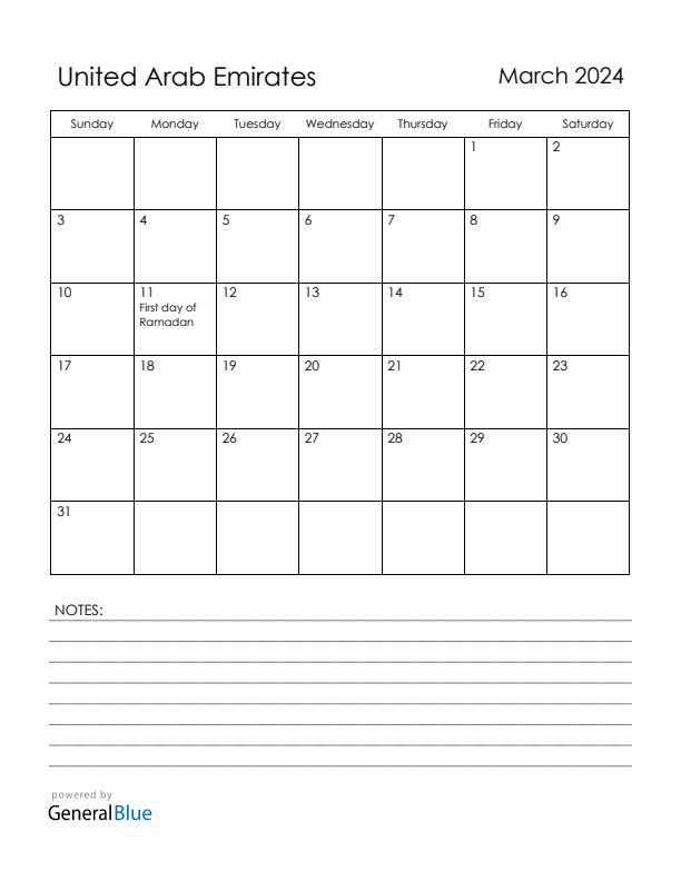 March 2024 United Arab Emirates Calendar with Holidays (Sunday Start)