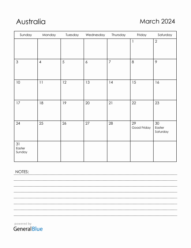 March 2024 Australia Calendar with Holidays (Sunday Start)