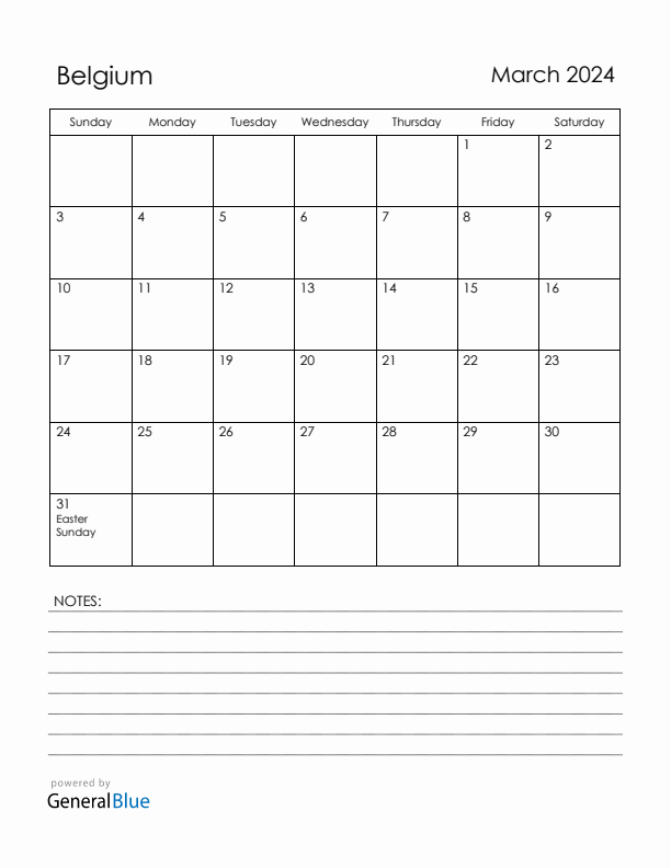March 2024 Belgium Calendar with Holidays (Sunday Start)
