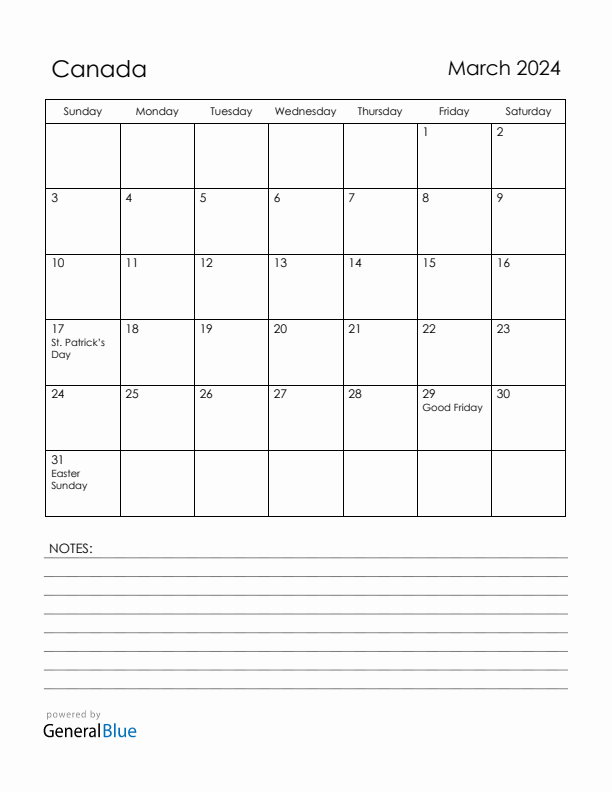 March 2024 Canada Calendar with Holidays (Sunday Start)