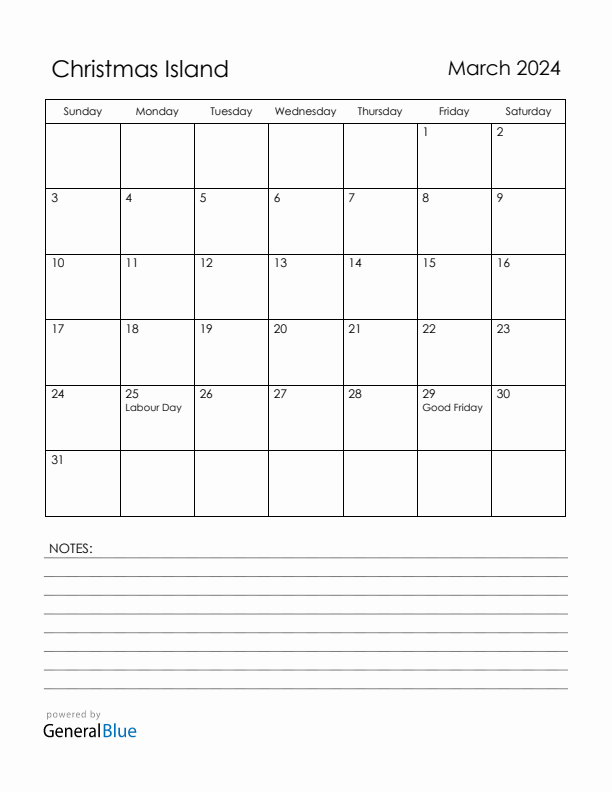 March 2024 Christmas Island Calendar with Holidays (Sunday Start)