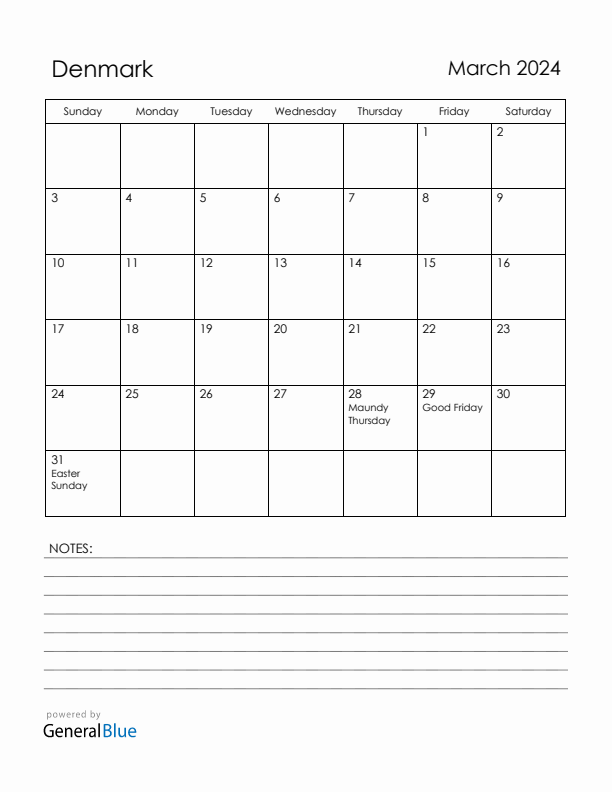 March 2024 Denmark Calendar with Holidays (Sunday Start)