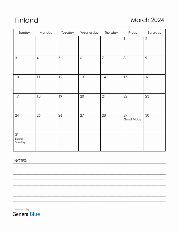March 2024 Finland Calendar with Holidays (Sunday Start)