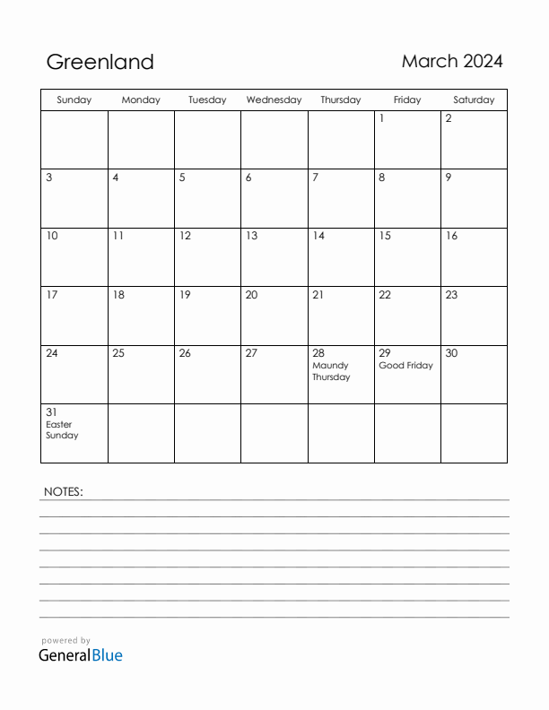 March 2024 Greenland Calendar with Holidays (Sunday Start)