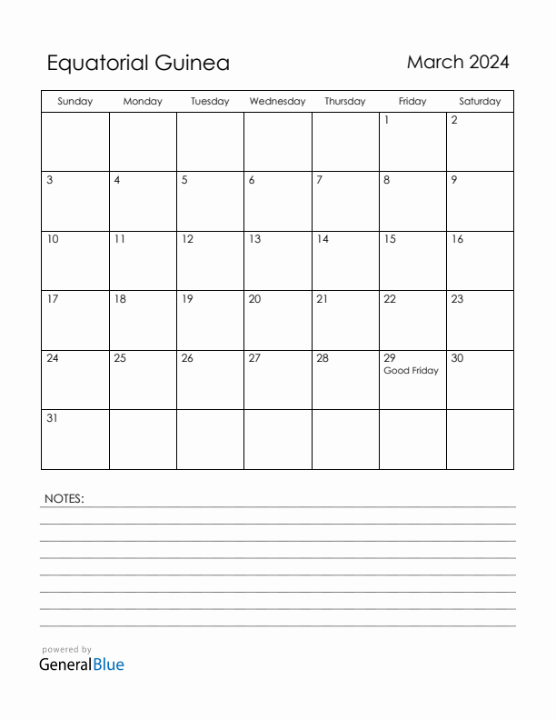 March 2024 Equatorial Guinea Calendar with Holidays (Sunday Start)