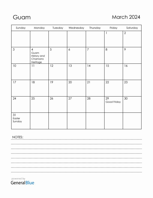 March 2024 Guam Calendar with Holidays (Sunday Start)