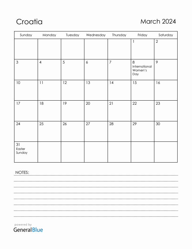 March 2024 Croatia Calendar with Holidays (Sunday Start)