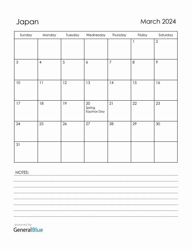 March 2024 Japan Calendar with Holidays (Sunday Start)