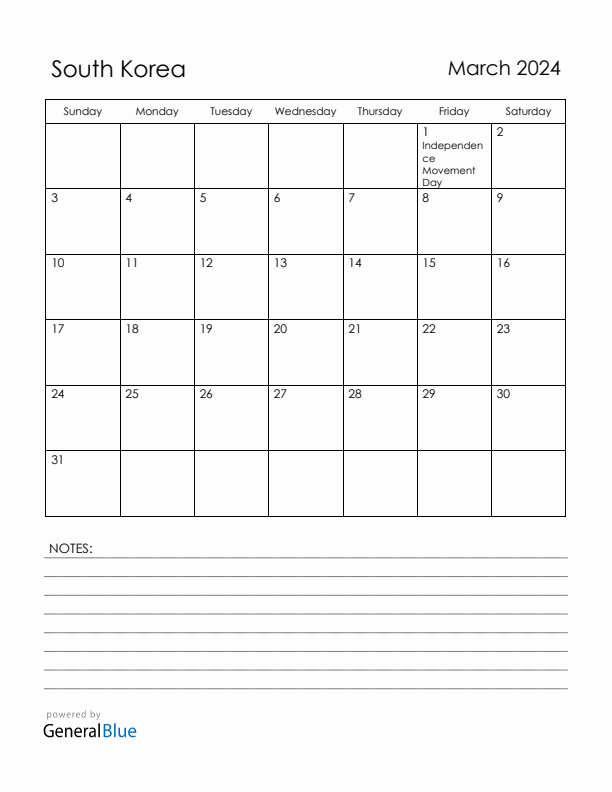 March 2024 South Korea Calendar with Holidays (Sunday Start)