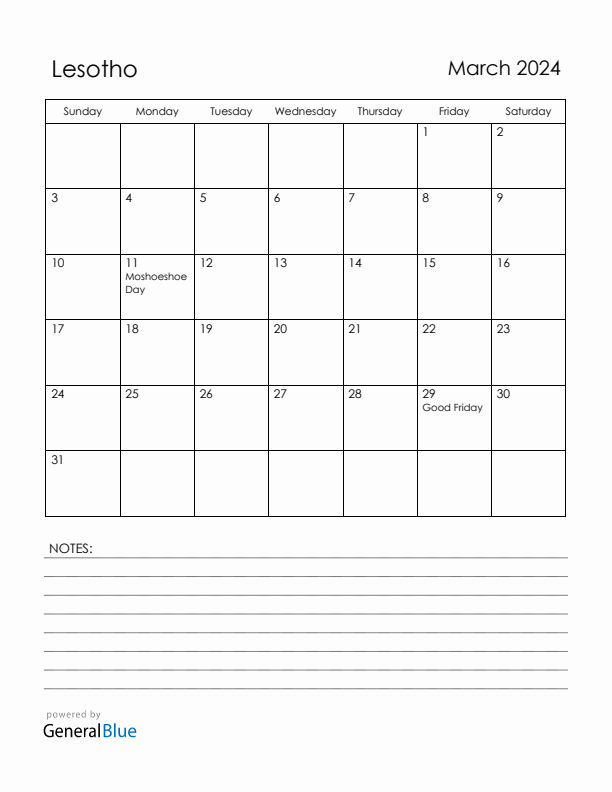 March 2024 Lesotho Calendar with Holidays (Sunday Start)