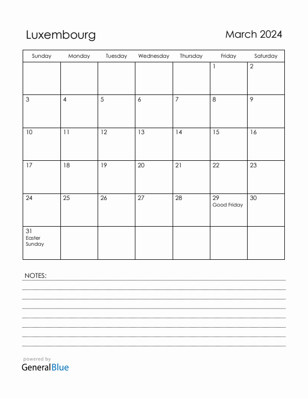 March 2024 Luxembourg Calendar with Holidays (Sunday Start)