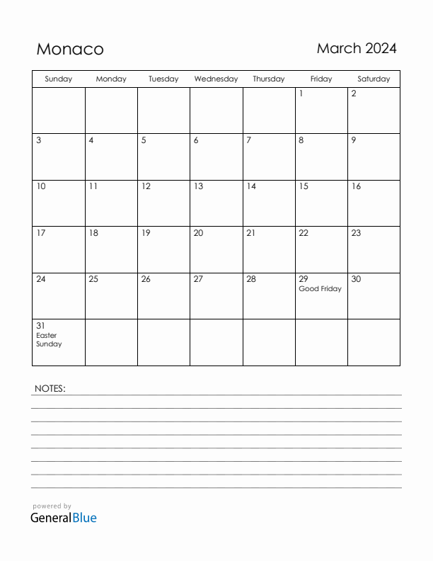 March 2024 Monaco Calendar with Holidays (Sunday Start)