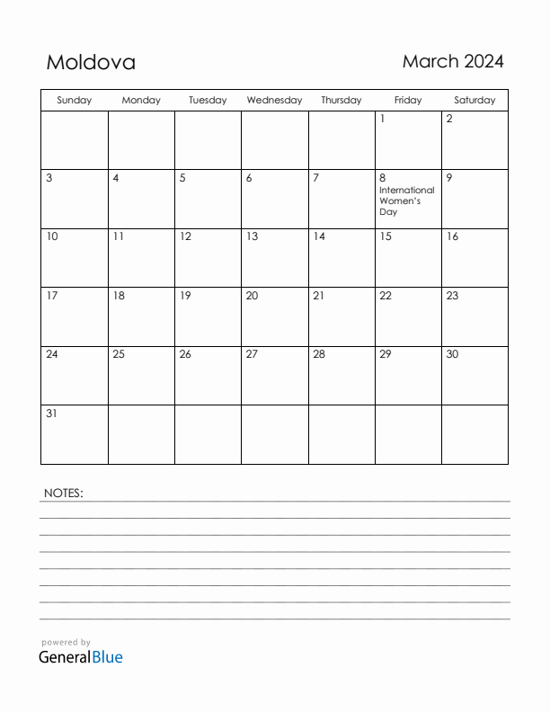 March 2024 Moldova Calendar with Holidays (Sunday Start)