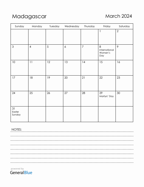 March 2024 Madagascar Calendar with Holidays (Sunday Start)