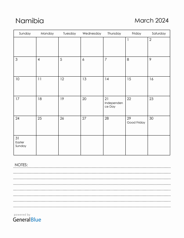 March 2024 Namibia Calendar with Holidays (Sunday Start)