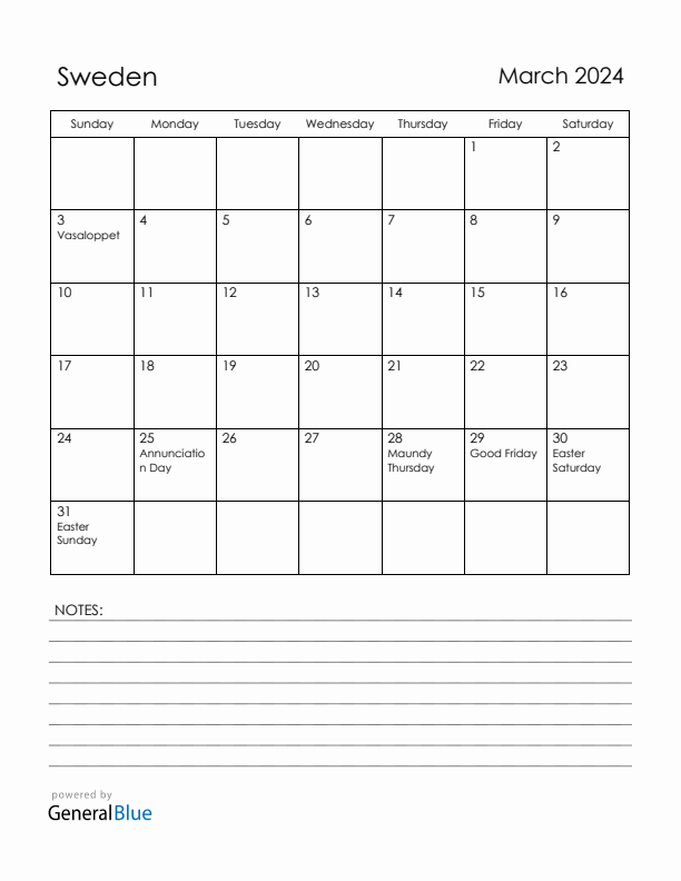 March 2024 Sweden Calendar with Holidays (Sunday Start)