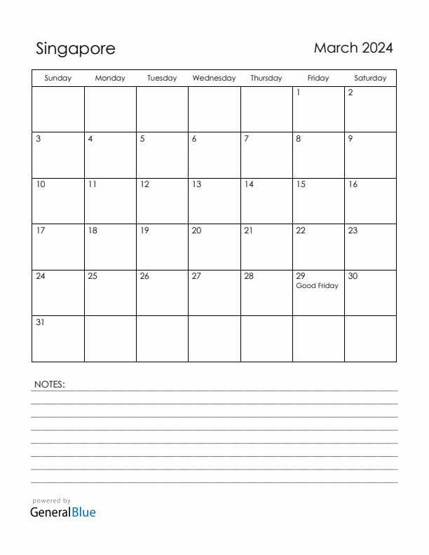 March 2024 Singapore Calendar with Holidays (Sunday Start)