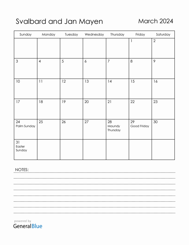 March 2024 Svalbard and Jan Mayen Calendar with Holidays (Sunday Start)