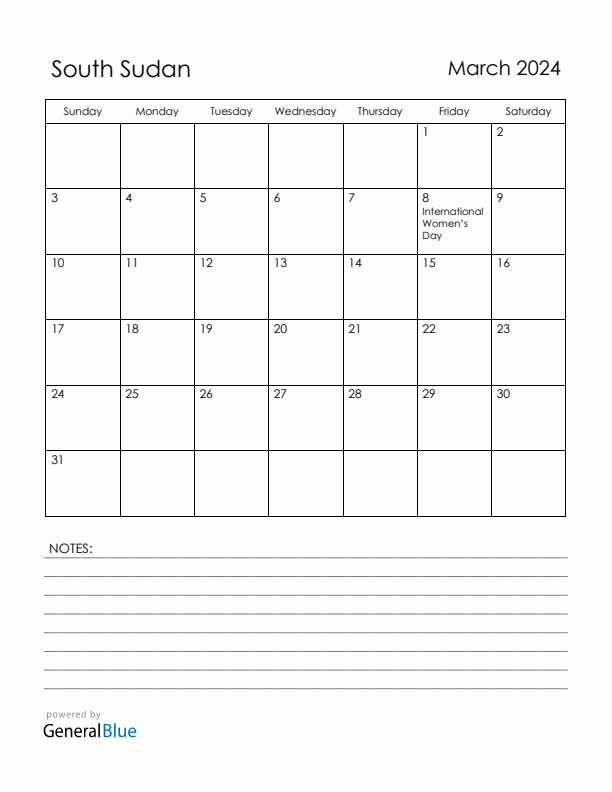 March 2024 South Sudan Calendar with Holidays (Sunday Start)