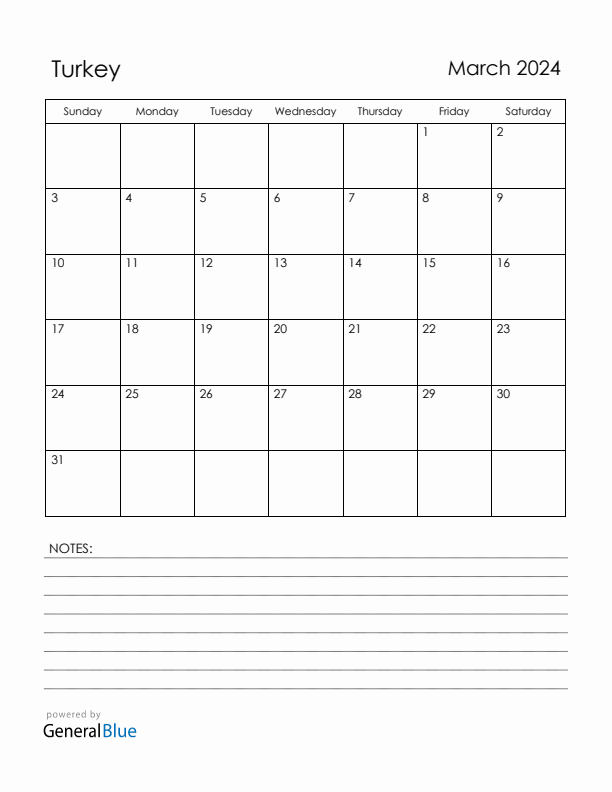 March 2024 Turkey Calendar with Holidays (Sunday Start)