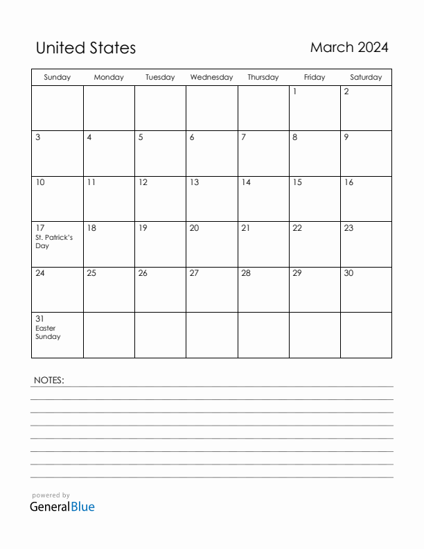 March 2024 United States Calendar with Holidays (Sunday Start)