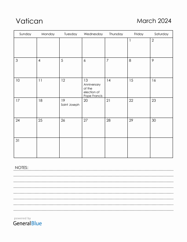 March 2024 Vatican Calendar with Holidays (Sunday Start)