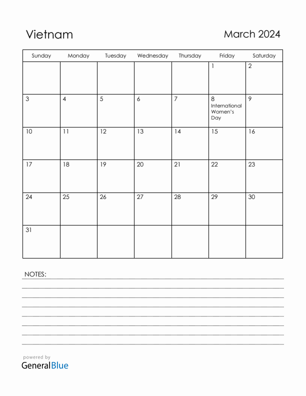 March 2024 Vietnam Calendar with Holidays (Sunday Start)