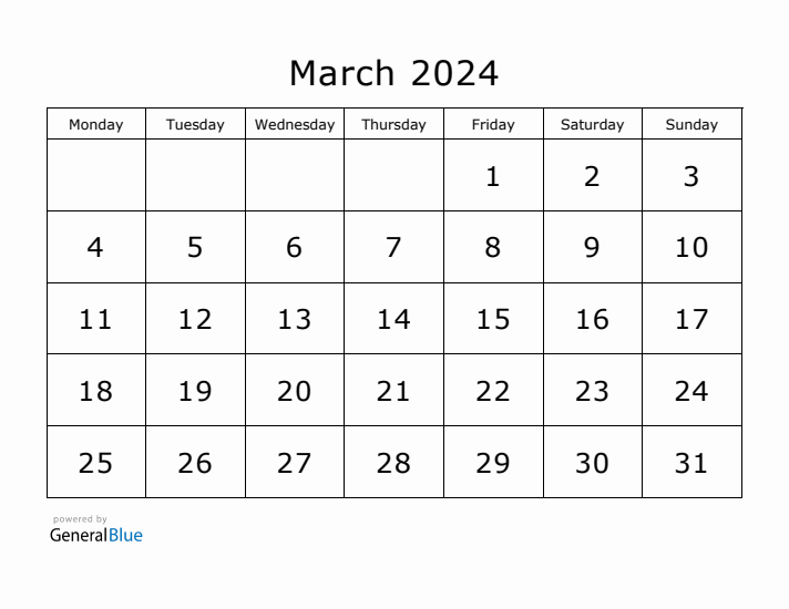 Printable March 2024 Calendar - Monday Start