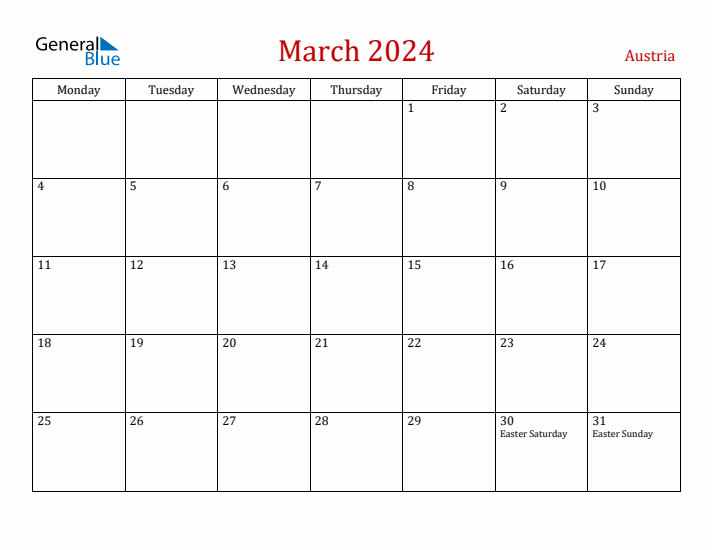 Austria March 2024 Calendar - Monday Start