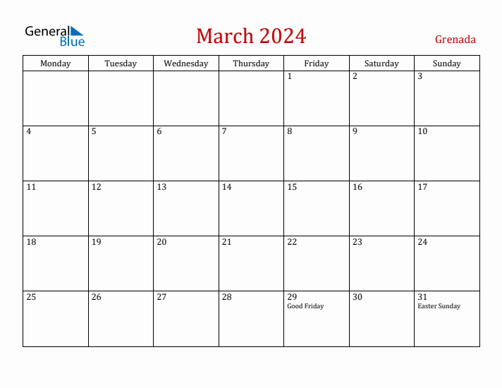 Grenada March 2024 Calendar - Monday Start