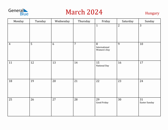 Hungary March 2024 Calendar - Monday Start