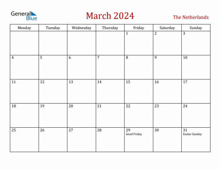 The Netherlands March 2024 Calendar - Monday Start