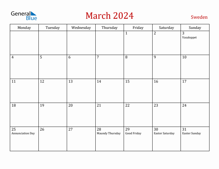 Sweden March 2024 Calendar - Monday Start