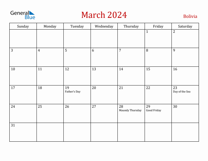 Bolivia March 2024 Calendar - Sunday Start