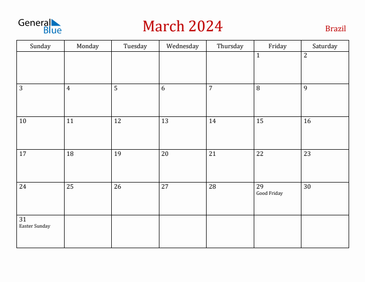 Brazil March 2024 Calendar - Sunday Start