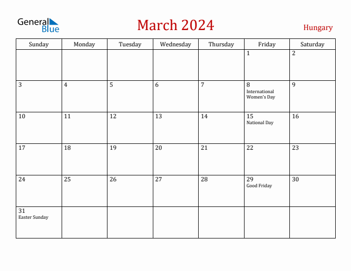 Hungary March 2024 Calendar - Sunday Start