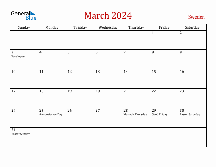 Sweden March 2024 Calendar - Sunday Start