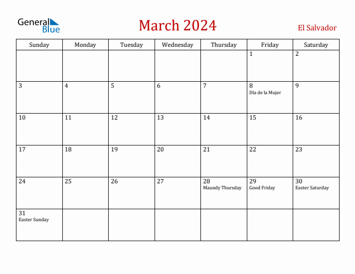 El Salvador March 2024 Calendar - Sunday Start