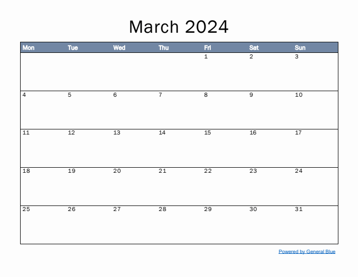 March 2024 Simple Month Calendar Template