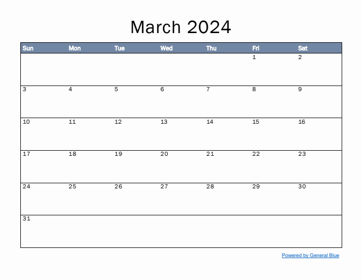 March 2024 Simple Month Calendar Template